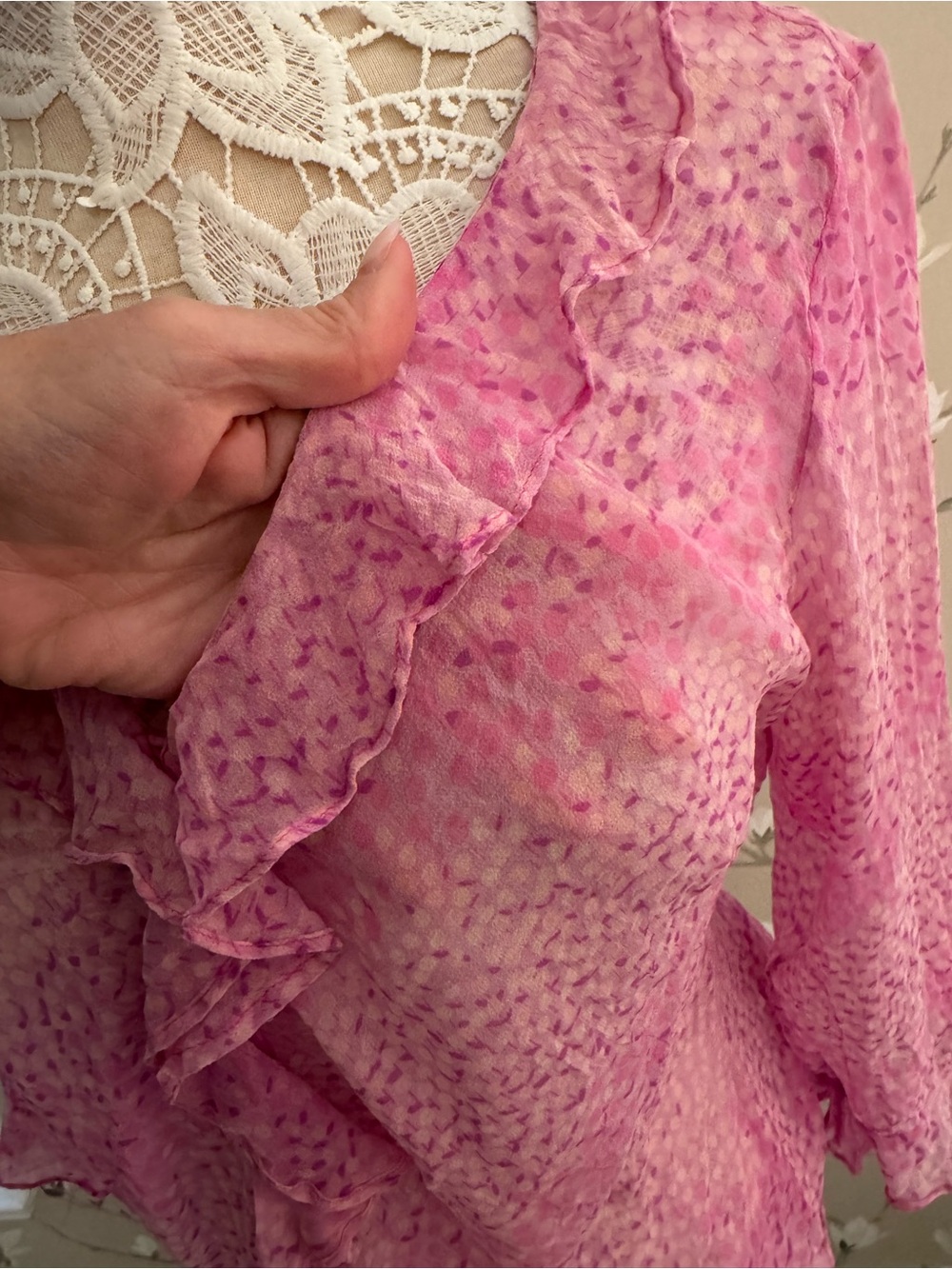 Pink Ruffled V-Neck Women's Blouse - Picture 2 of 6